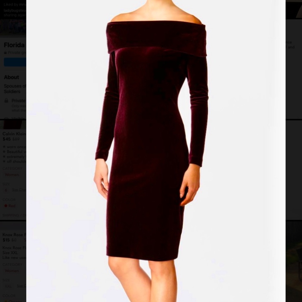 CALVIN KLEIN Maroon Velvet Off the Shoulder Dress